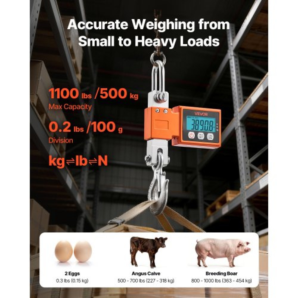 VEVOR Digital Crane Scale, 1100 lbs/500 kg Max Capacity, Heavy Duty Industrial Hanging Scale with Cast Aluminum Case & LCD Display, 100 g Division & 3 Unit Switch, Auto-Off Setting for Garage