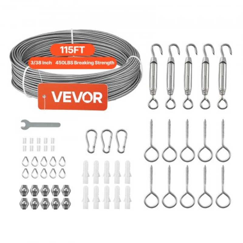 Σετ συρματόσχοινου VEVOR 2 mm, μήκους 35,1 m, καλώδιο σύρματος από ανοξείδωτο χάλυβα 304, αντοχή σε θραύση 2 kN, κατασκευή 7 x 7 σκελών, χαλύβδινο καλώδιο για σύστημα κιγκλιδώματος καταστρώματος, πέργκολα κήπου, φώτα χορδών