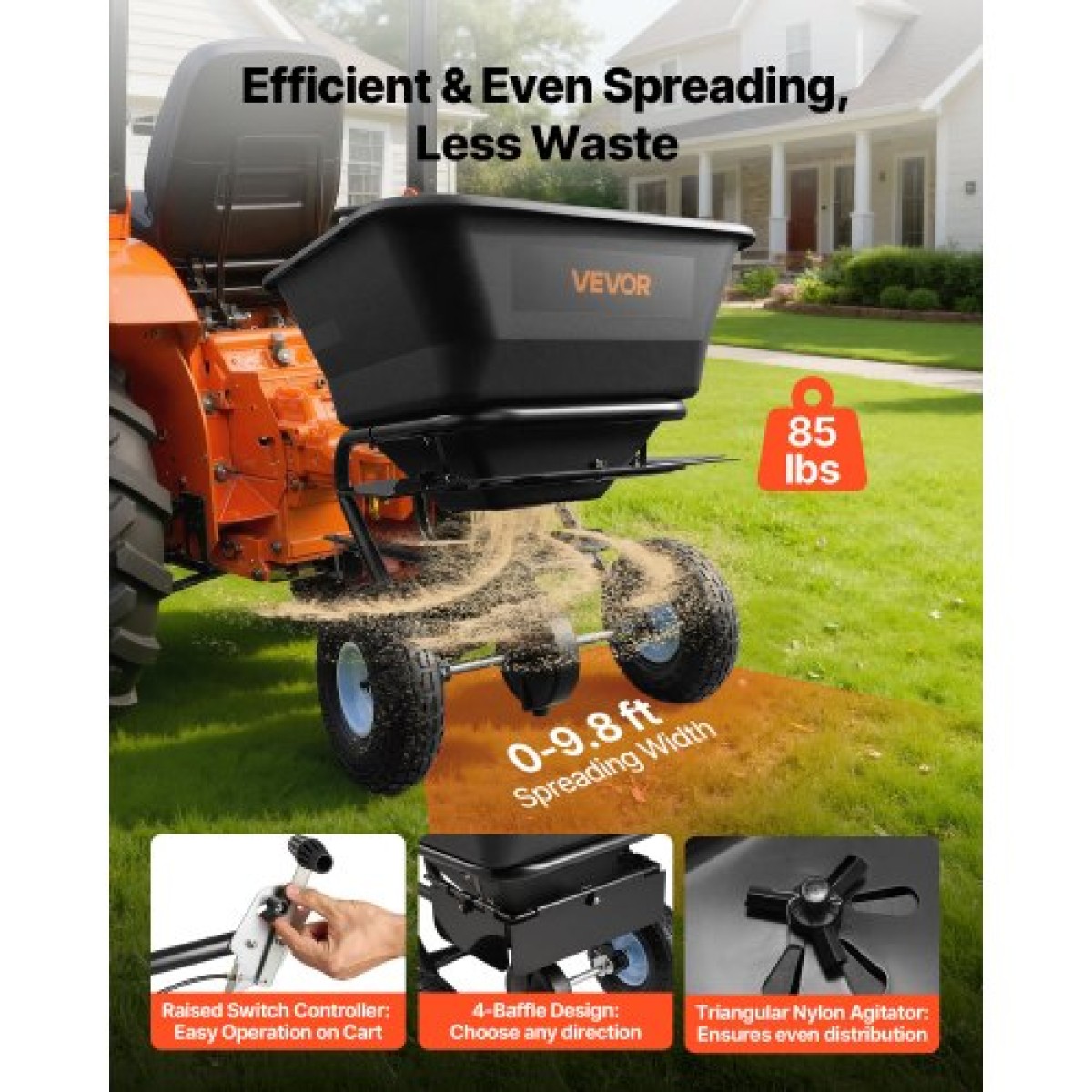 VEVOR Tow Behind Lawn Spreader, 3m Spreading Width, Garden & Lawn Spreader with Universal Hotch, χωρητικότητα 38,6kg & 10 in All-Terrain Tires, Seed Fertilizer Broadcast Spreader for ATV UTVs