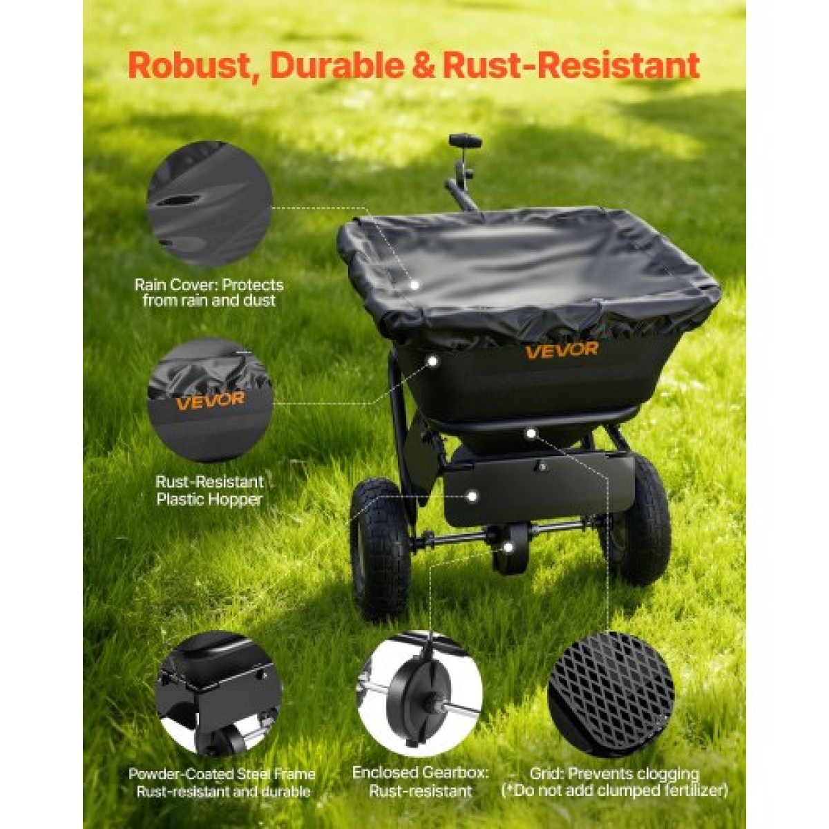 VEVOR Tow Behind Lawn Spreader, 3m Spreading Width, Garden & Lawn Spreader with Universal Hotch, χωρητικότητα 38,6kg & 10 in All-Terrain Tires, Seed Fertilizer Broadcast Spreader for ATV UTVs