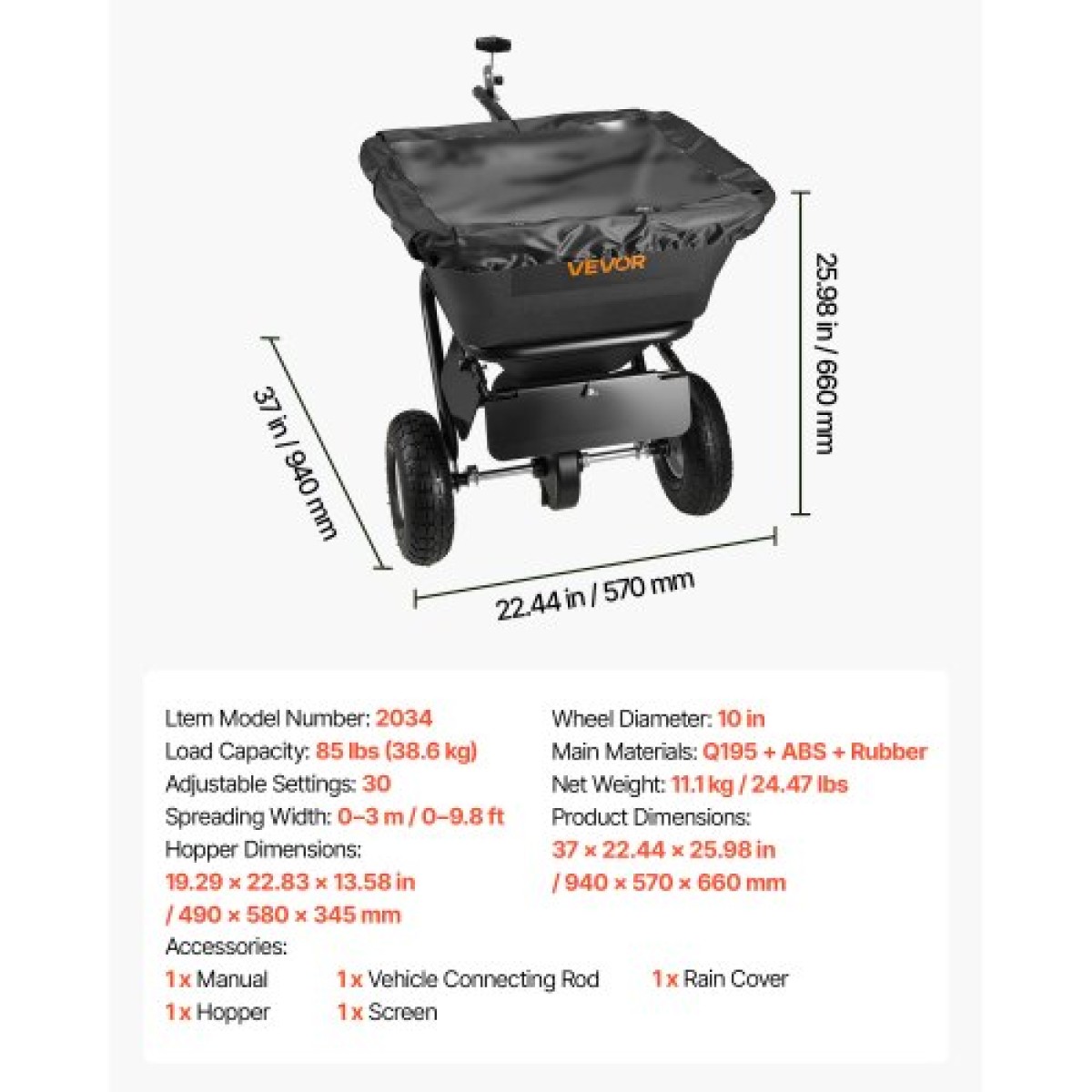 VEVOR Tow Behind Lawn Spreader, 3m Spreading Width, Garden & Lawn Spreader with Universal Hotch, χωρητικότητα 38,6kg & 10 in All-Terrain Tires, Seed Fertilizer Broadcast Spreader for ATV UTVs