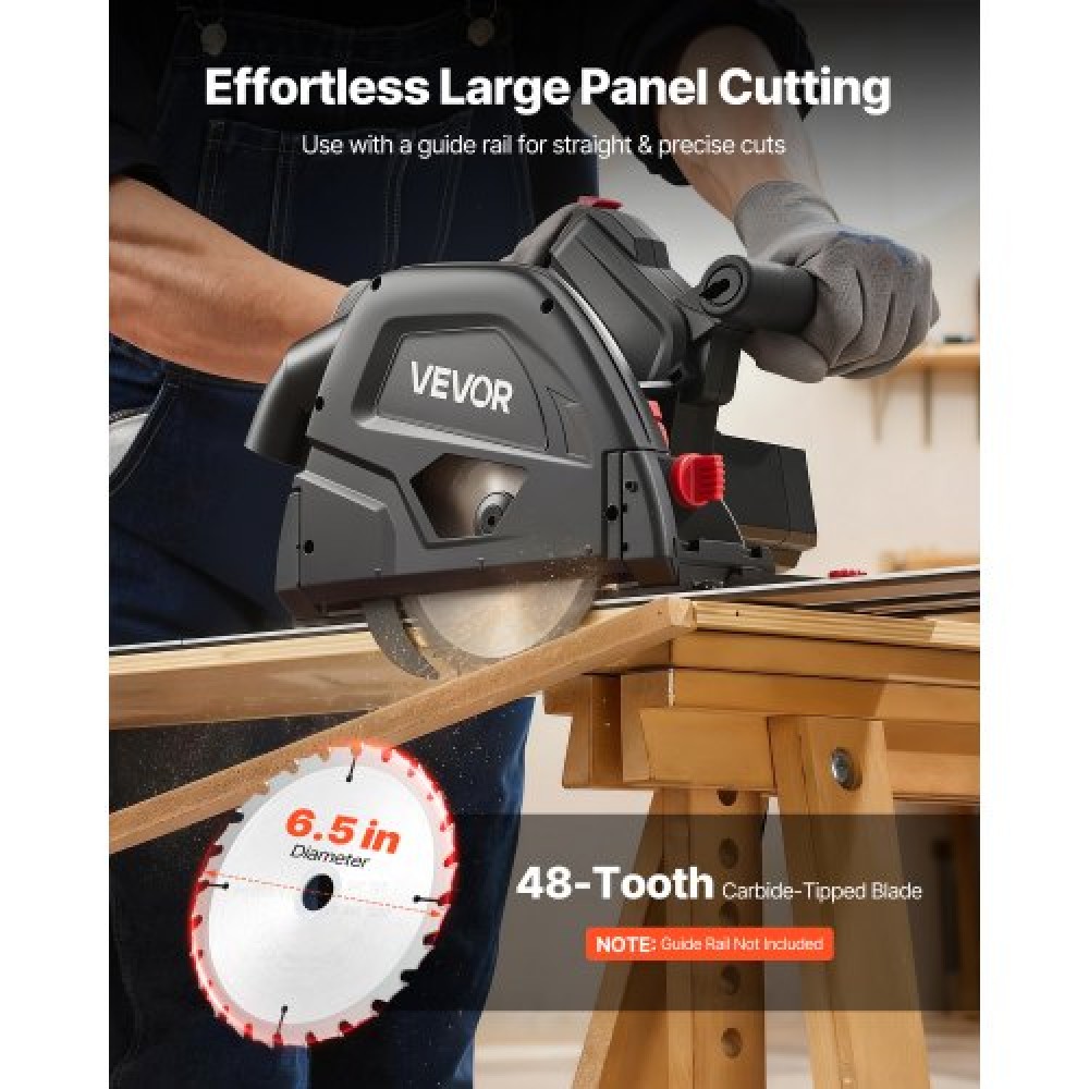 VEVOR Track Saw, 165,1 mm, Σετ κυκλικού πριονιού Plunge-Cut, Tracksaw με λεπίδα με μύτη από καρβίδιο 48 δοντιών, ρύθμιση γωνίας 0-45°, Βάθος κοπής 55 mm, για ξύλο, πλαστικό, ράγα οδήγησης δεν περιλαμβάνεται, μαύρο