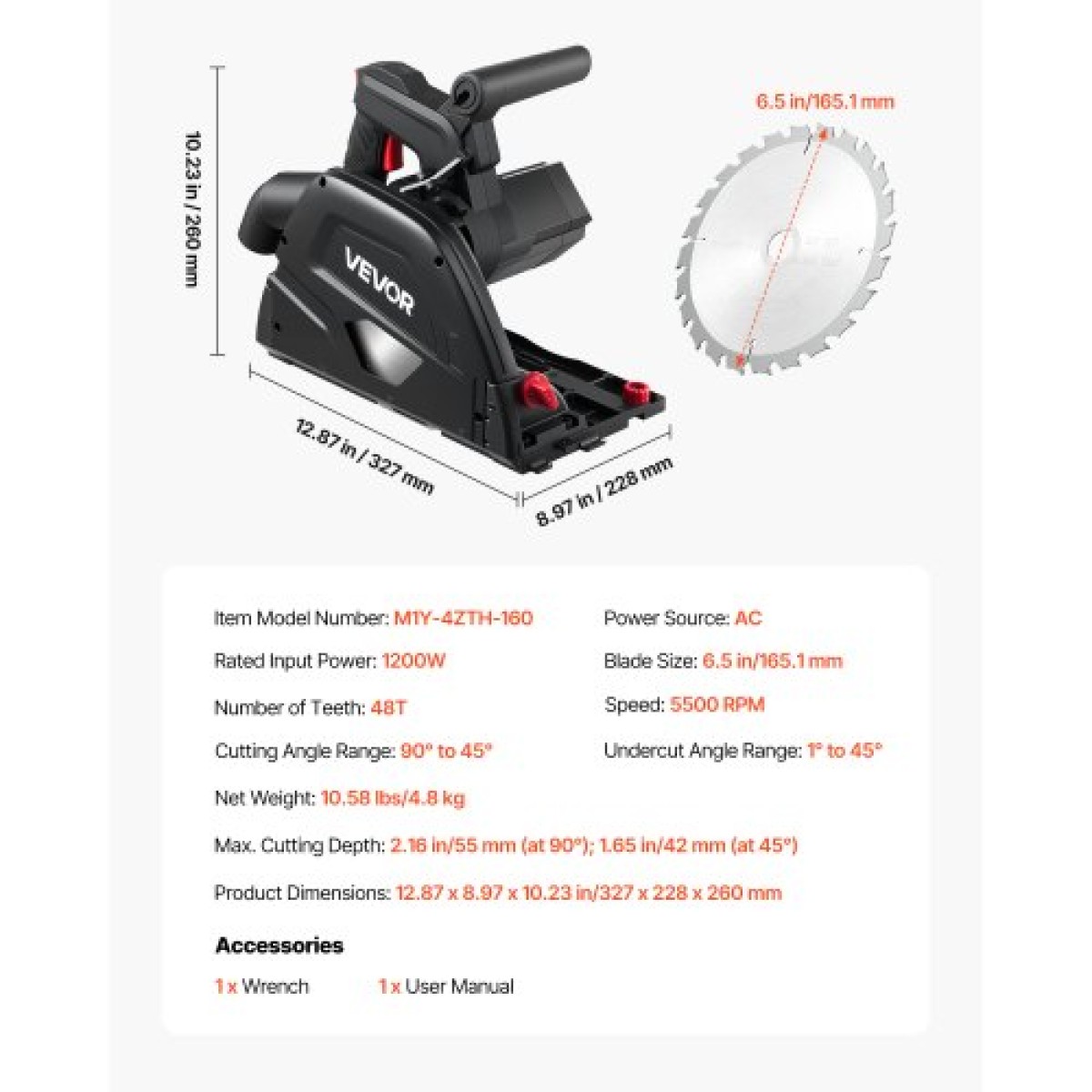 VEVOR Track Saw, 165,1 mm, Σετ κυκλικού πριονιού Plunge-Cut, Tracksaw με λεπίδα με μύτη από καρβίδιο 48 δοντιών, ρύθμιση γωνίας 0-45°, Βάθος κοπής 55 mm, για ξύλο, πλαστικό, ράγα οδήγησης δεν περιλαμβάνεται, μαύρο
