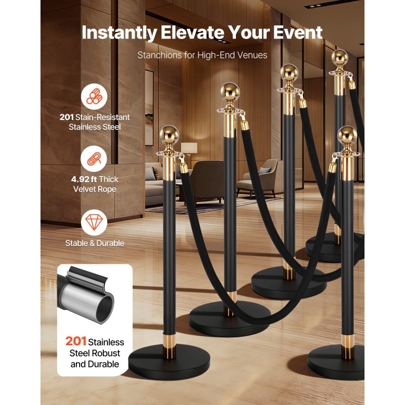 VEVOR Stanchion Post, 8 τμχ Σετ Crowd Control Barrier με 6 Μαύρα Βελούδινα Σχοινιά, Ανοξείδωτο ατσάλι Stanchion Post Queue με κούφια βάση για θέατρο, πάρτι, γάμο, έκθεση, εκδήλωση (Μαύρο)