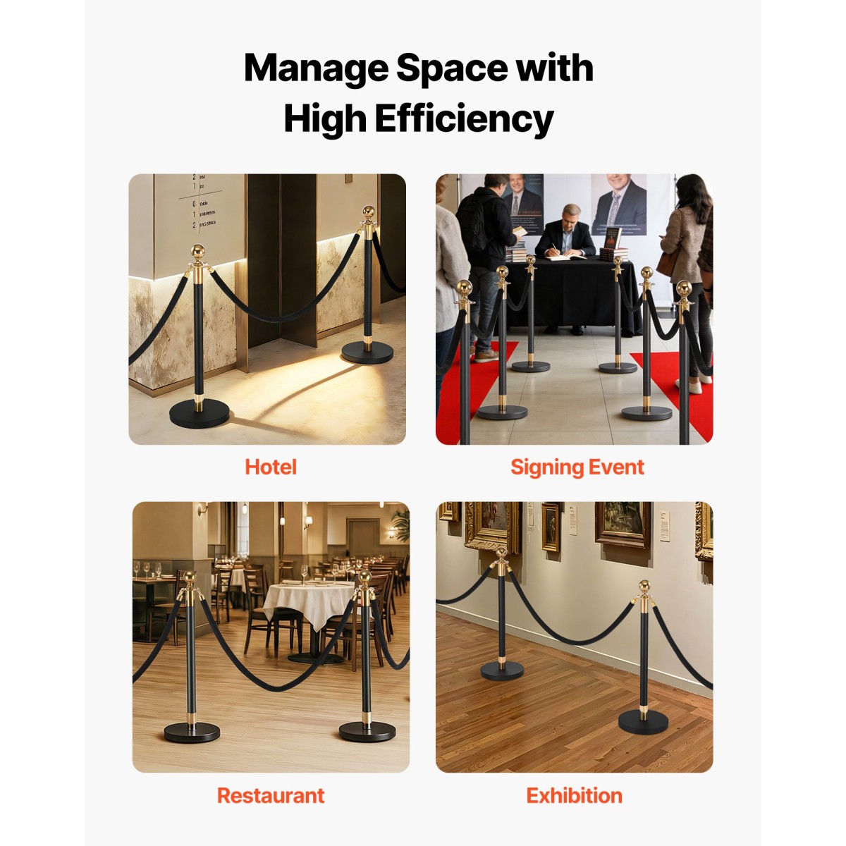 VEVOR Stanchion Post, 8 τμχ Σετ Crowd Control Barrier με 6 Μαύρα Βελούδινα Σχοινιά, Ανοξείδωτο ατσάλι Stanchion Post Queue με κούφια βάση για θέατρο, πάρτι, γάμο, έκθεση, εκδήλωση (Μαύρο)