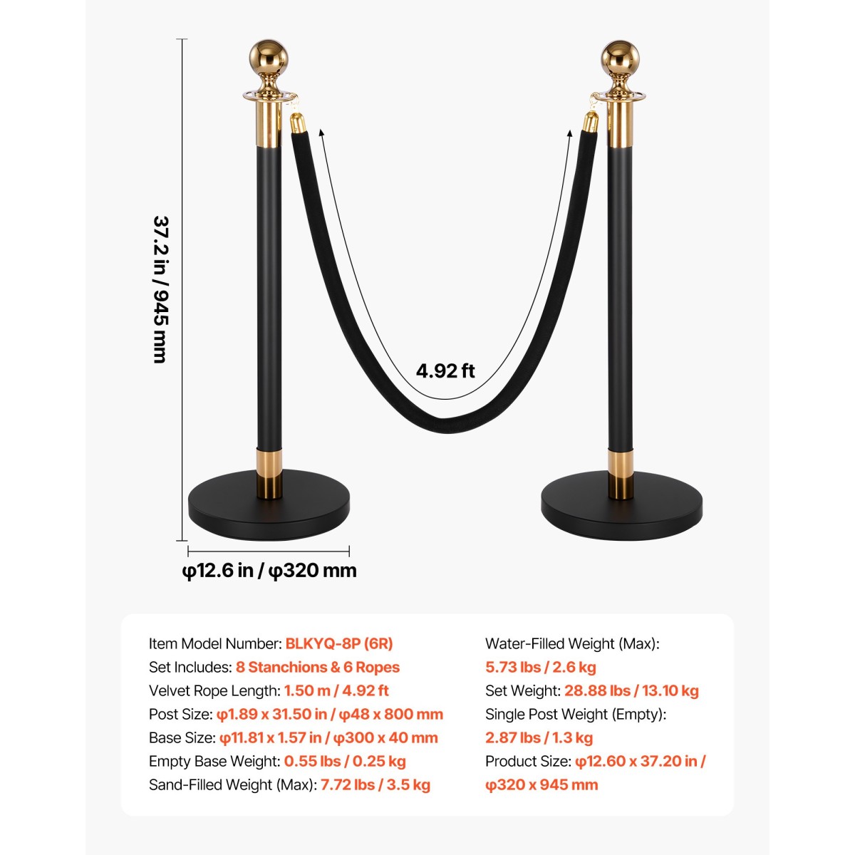 VEVOR Stanchion Post, 8 τμχ Σετ Crowd Control Barrier με 6 Μαύρα Βελούδινα Σχοινιά, Ανοξείδωτο ατσάλι Stanchion Post Queue με κούφια βάση για θέατρο, πάρτι, γάμο, έκθεση, εκδήλωση (Μαύρο)