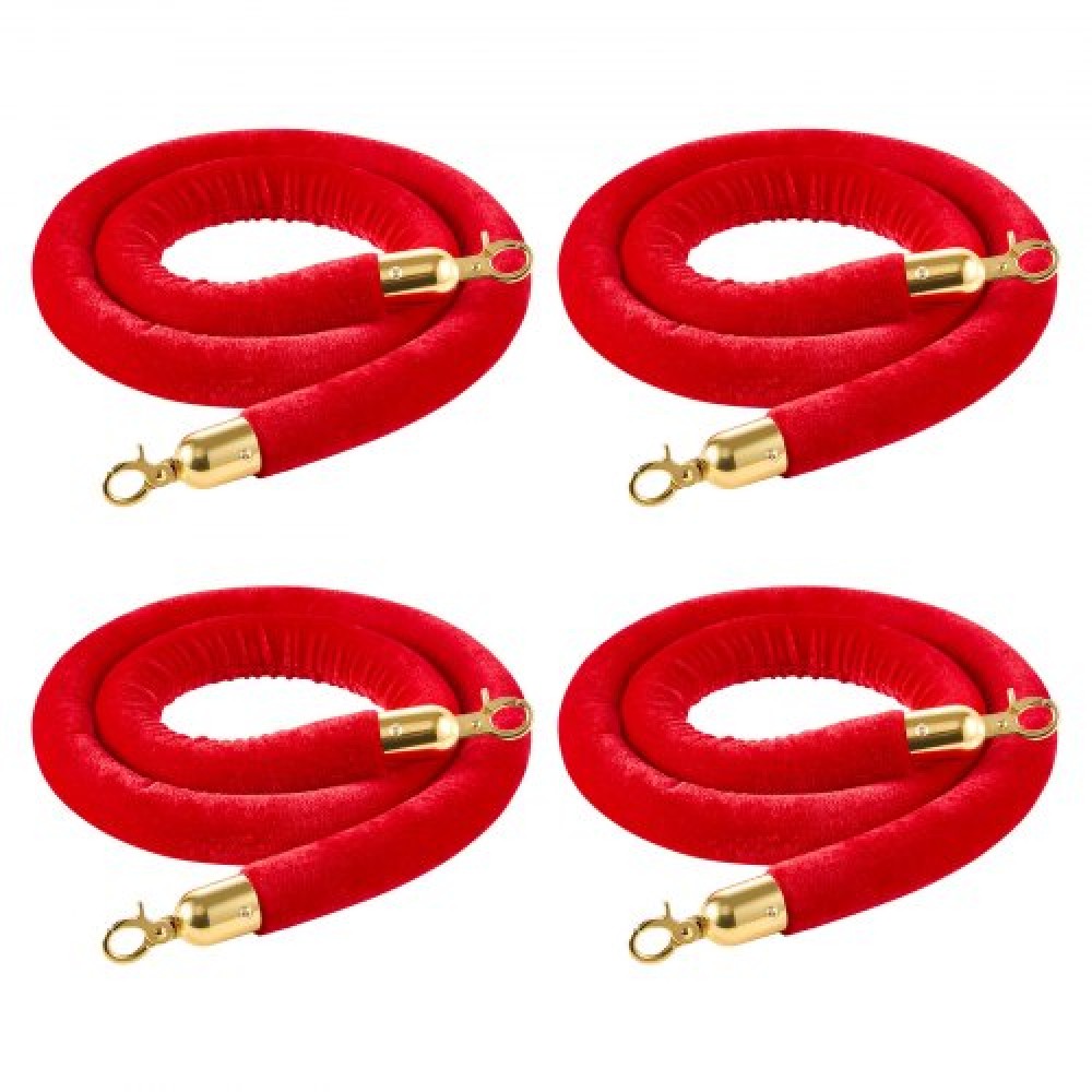 VEVOR 4 Pcs Red Velvet Stanchion Ropes, 1.5 m Crowd Control Stanchion Red Velvet Ropes with Gold Hooks, Post Queue Barrier Carpet Rope for Carpet Events Movie Theaters Grand Openings Hotels Party