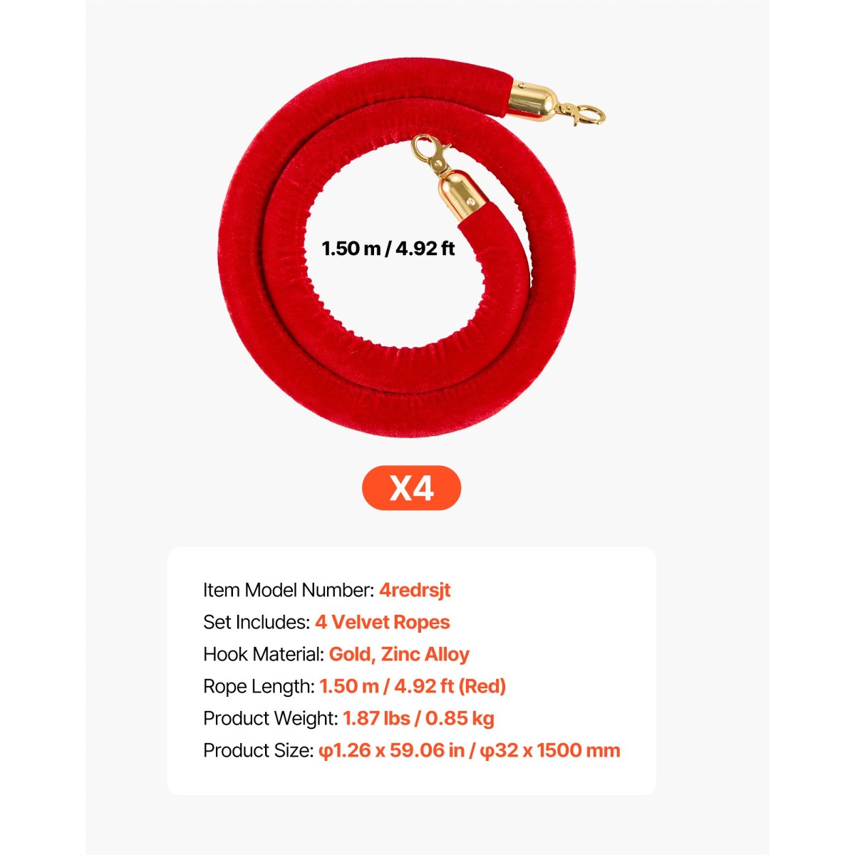 VEVOR 4 τεμ. Red Velvet Stanchion Ropes, 1,5 m Crowd Control Stanchion Red Velvet Ropes with Gold Hooks, Post Queue Barrier Carpet Rope for Carpet Events Κινηματογράφοι Μεγάλα Εγκαίνια Ξενοδοχεία Πάρτι