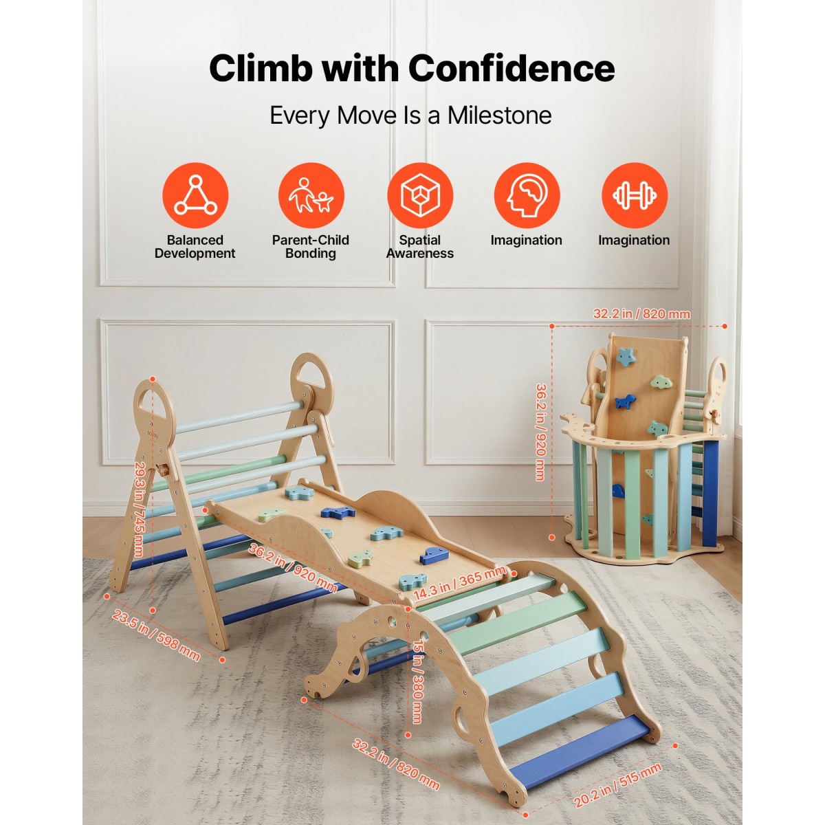 VEVOR Pikler Triangle Set, 9-σε-1 Toddler Climbing Toys Indoor, με 2 Ξύλινα Αυτοκίνητα, Μαξιλάρι, Τρίγωνο, Αψίδα και Ράμπα, Φορτίο 68 κιλών, Πτυσσόμενο Σετ αναρρίχησης Montessori για νήπια και παιδιά, μπλε