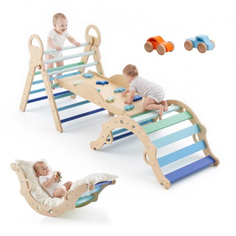 VEVOR Pikler Triangle Set, 9-σε-1 Toddler Climbing Toys Indoor, με 2 Ξύλινα Αυτοκίνητα, Μαξιλάρι, Τρίγωνο, Αψίδα και Ράμπα, Φορτίο 68 κιλών, Πτυσσόμενο Σετ αναρρίχησης Montessori για νήπια και παιδιά, μπλε