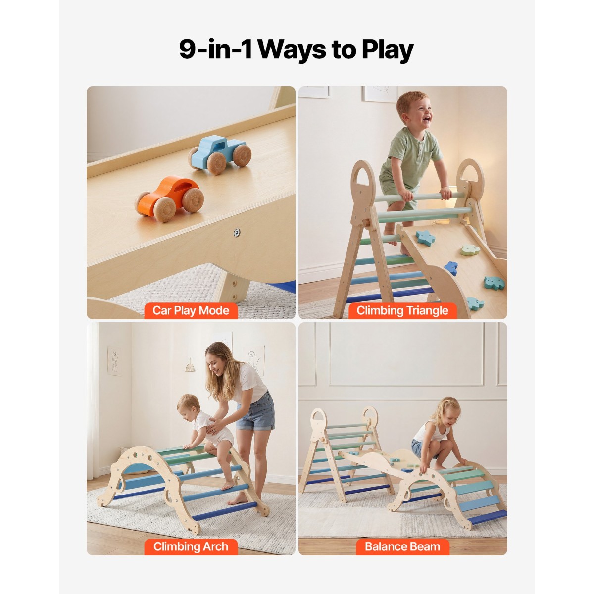 VEVOR Pikler Triangle Set, 9-σε-1 Toddler Climbing Toys Indoor, με 2 Ξύλινα Αυτοκίνητα, Μαξιλάρι, Τρίγωνο, Αψίδα και Ράμπα, Φορτίο 68 κιλών, Πτυσσόμενο Σετ αναρρίχησης Montessori για νήπια και παιδιά, μπλε