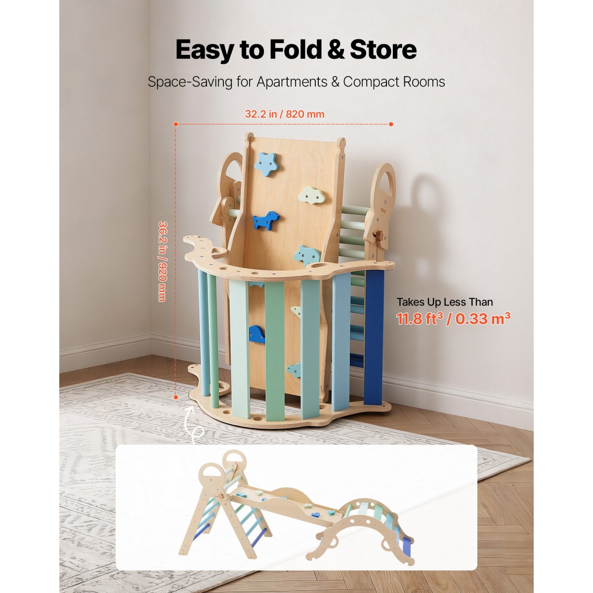 VEVOR Pikler Triangle Set, 9-σε-1 Toddler Climbing Toys Indoor, με 2 Ξύλινα Αυτοκίνητα, Μαξιλάρι, Τρίγωνο, Αψίδα και Ράμπα, Φορτίο 68 κιλών, Πτυσσόμενο Σετ αναρρίχησης Montessori για νήπια και παιδιά, μπλε