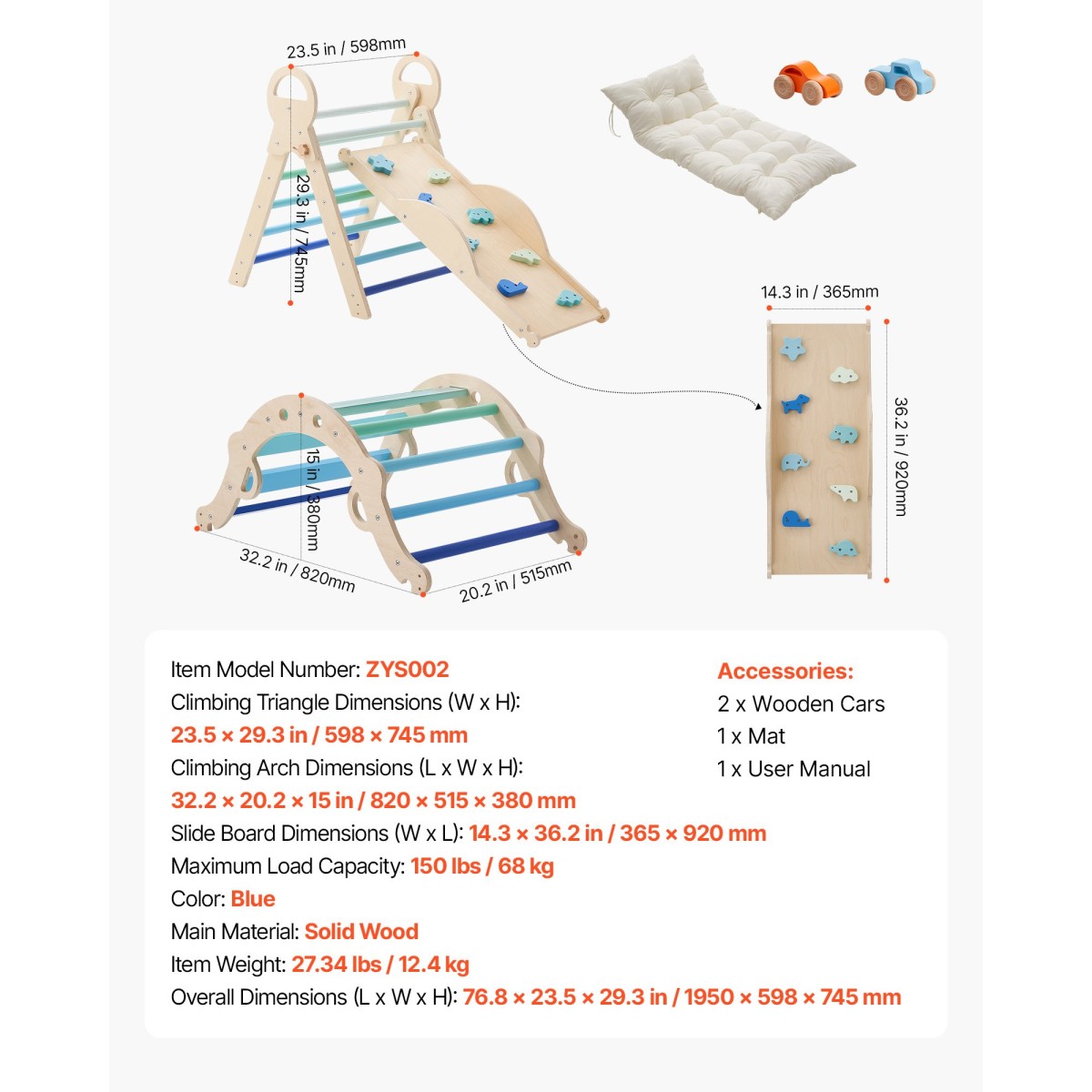 VEVOR Pikler Triangle Set, 9-σε-1 Toddler Climbing Toys Indoor, με 2 Ξύλινα Αυτοκίνητα, Μαξιλάρι, Τρίγωνο, Αψίδα και Ράμπα, Φορτίο 68 κιλών, Πτυσσόμενο Σετ αναρρίχησης Montessori για νήπια και παιδιά, μπλε
