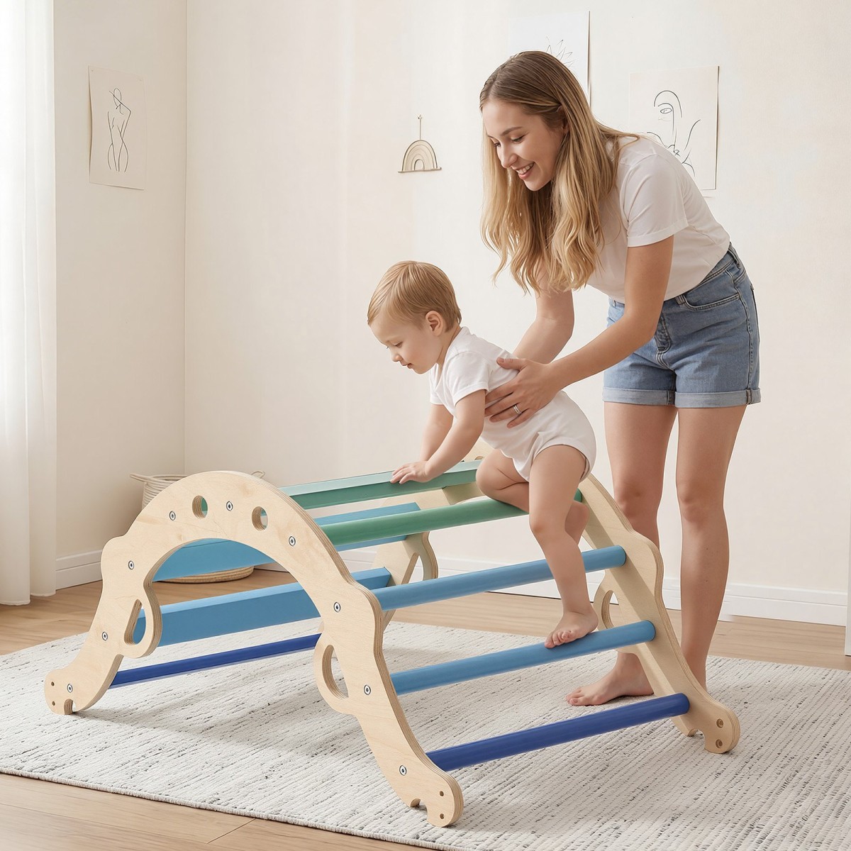 VEVOR Pikler Triangle Set, 9-σε-1 Toddler Climbing Toys Indoor, με 2 Ξύλινα Αυτοκίνητα, Μαξιλάρι, Τρίγωνο, Αψίδα και Ράμπα, Φορτίο 68 κιλών, Πτυσσόμενο Σετ αναρρίχησης Montessori για νήπια και παιδιά, μπλε