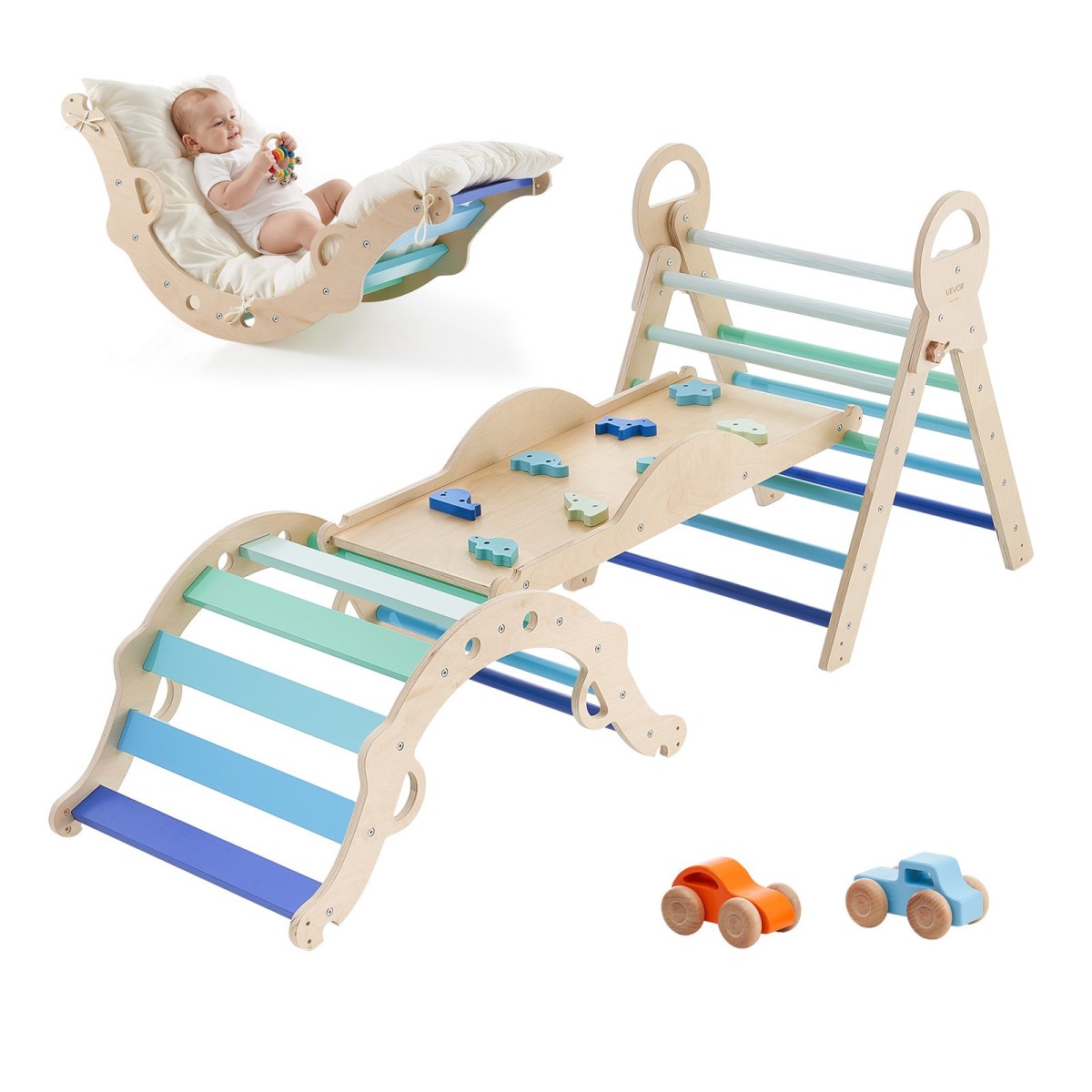 VEVOR Pikler Triangle Set, 9-σε-1 Toddler Climbing Toys Indoor, με 2 Ξύλινα Αυτοκίνητα, Μαξιλάρι, Τρίγωνο, Αψίδα και Ράμπα, Φορτίο 68 κιλών, Πτυσσόμενο Σετ αναρρίχησης Montessori για νήπια και παιδιά, μπλε