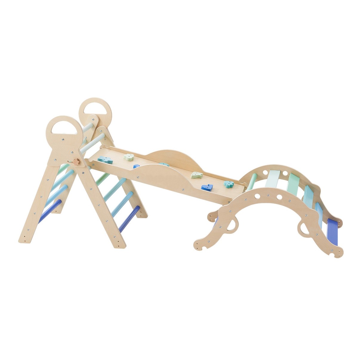 VEVOR Pikler Triangle Set, 9-σε-1 Toddler Climbing Toys Indoor, με 2 Ξύλινα Αυτοκίνητα, Μαξιλάρι, Τρίγωνο, Αψίδα και Ράμπα, Φορτίο 68 κιλών, Πτυσσόμενο Σετ αναρρίχησης Montessori για νήπια και παιδιά, μπλε