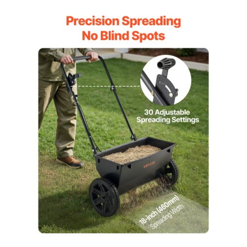VEVOR Walk-Behind Push Spreader, χωρητικότητα 50 LBS, Drop Spreader με σχάρα χοάνης, 18 σε πλάτος διασποράς & 30 ρυθμίσεις, 10 σε ελαστικά παντός εδάφους, διασκορπιστές κήπου και γκαζόν για σπόρους, λίπασμα