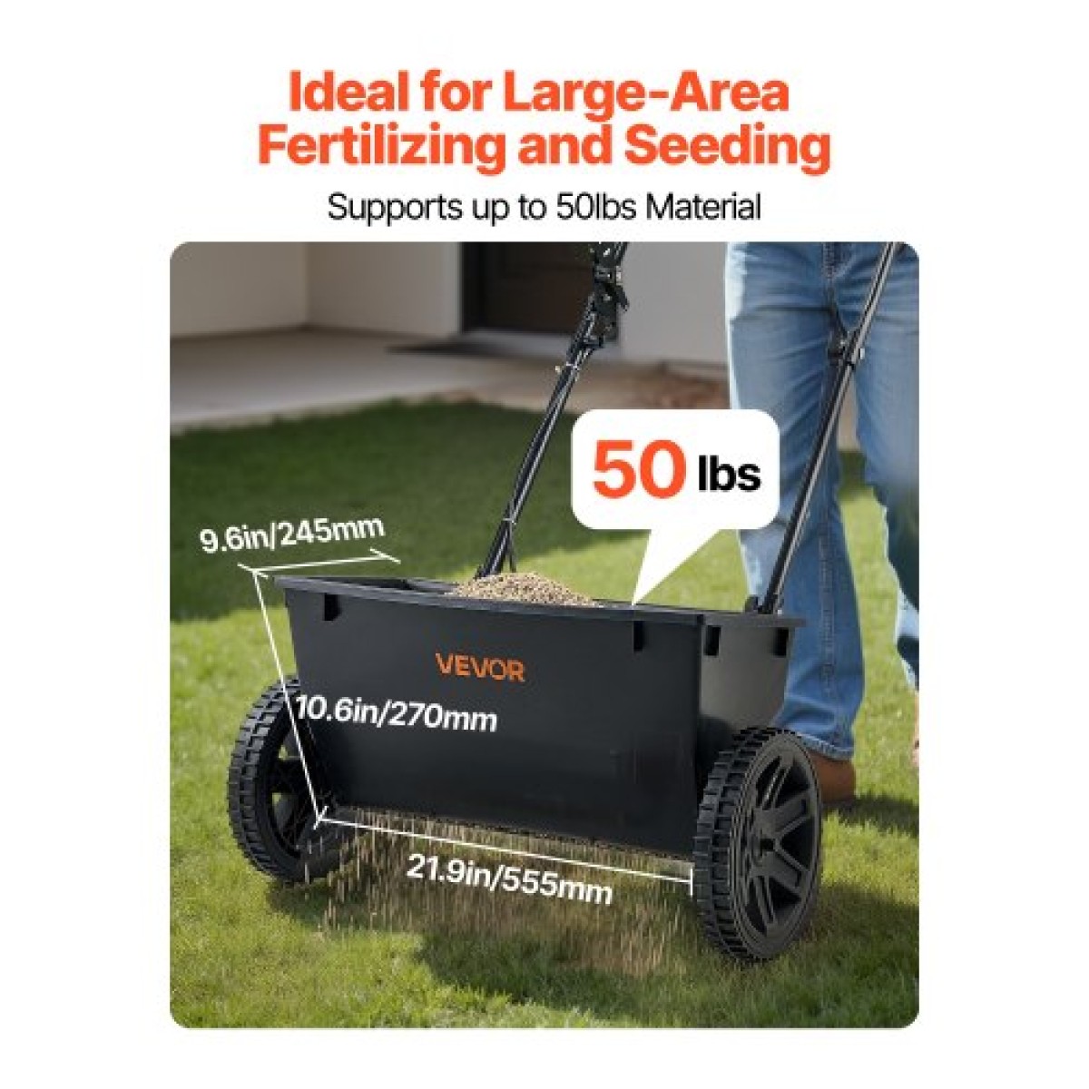 VEVOR Walk-Behind Push Spreader, χωρητικότητα 50 LBS, Drop Spreader με σχάρα χοάνης, 18 σε πλάτος διασποράς & 30 ρυθμίσεις, 10 σε ελαστικά παντός εδάφους, διασκορπιστές κήπου και γκαζόν για σπόρους, λίπασμα