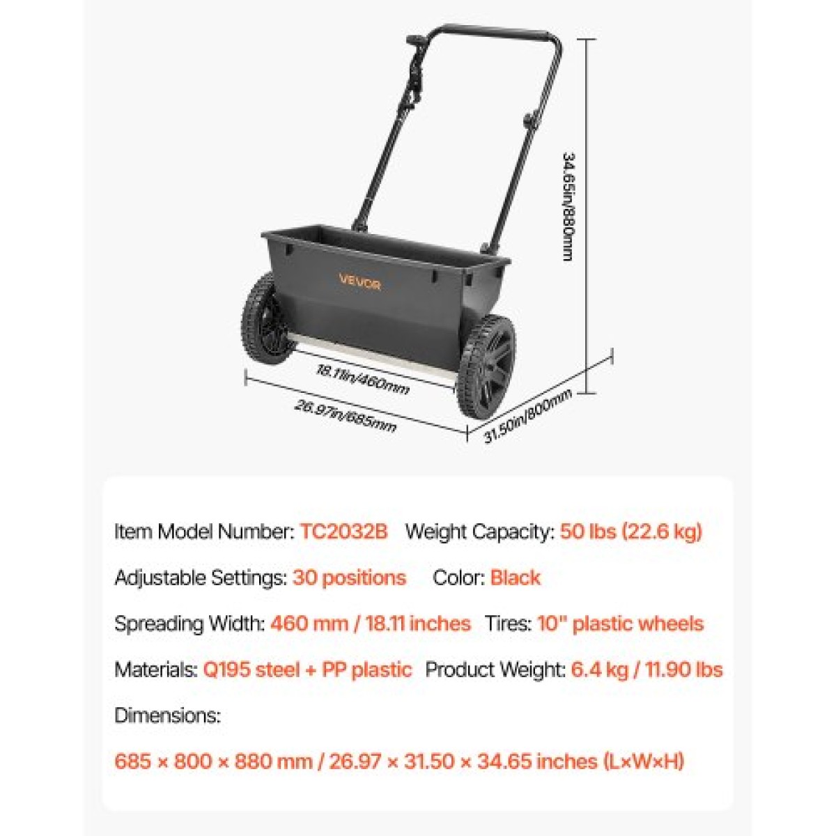 VEVOR Walk-Behind Push Spreader, χωρητικότητα 50 LBS, Drop Spreader με σχάρα χοάνης, 18 σε πλάτος διασποράς & 30 ρυθμίσεις, 10 σε ελαστικά παντός εδάφους, διασκορπιστές κήπου και γκαζόν για σπόρους, λίπασμα