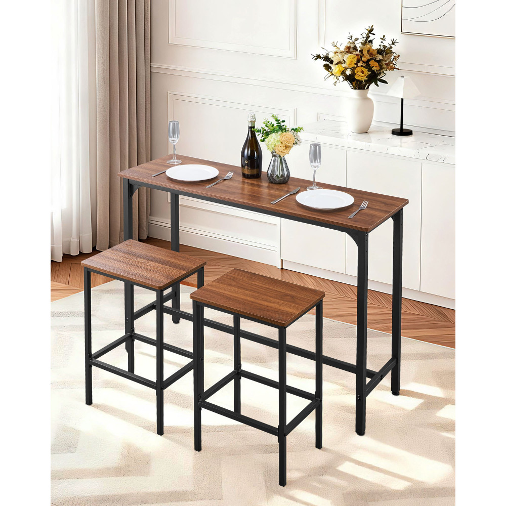 VEVOR Bar Table, 3PCS 1193,8mm Bars Σετ τραπεζιών, Σετ τραπέζια και καρέκλες μπαρ με σχέδιο στρογγυλεμένες άκρες, ορθογώνιο τραπέζι παμπ με δύο σκαμπό για γραφείο, γωνιά πρωινού, μίνι μπαρ, ρουστίκ καφέ