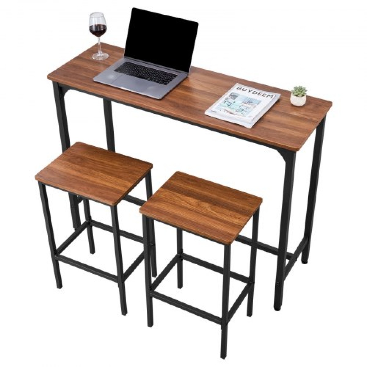 VEVOR Bar Table, 3PCS 1193,8mm Bars Σετ τραπεζιών, Σετ τραπέζια και καρέκλες μπαρ με σχέδιο στρογγυλεμένες άκρες, ορθογώνιο τραπέζι παμπ με δύο σκαμπό για γραφείο, γωνιά πρωινού, μίνι μπαρ, ρουστίκ καφέ