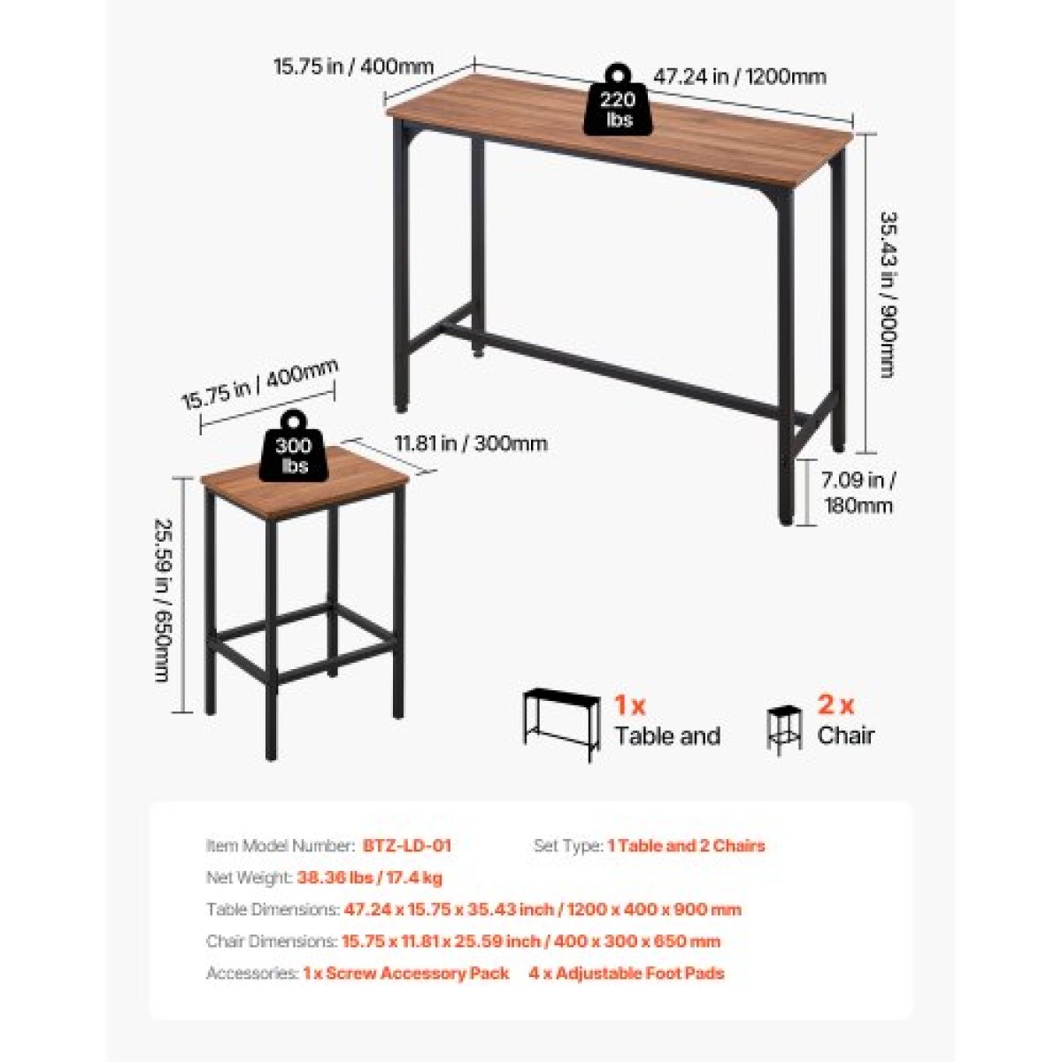 VEVOR Bar Table, 3PCS 1193,8mm Bars Σετ τραπεζιών, Σετ τραπέζια και καρέκλες μπαρ με σχέδιο στρογγυλεμένες άκρες, ορθογώνιο τραπέζι παμπ με δύο σκαμπό για γραφείο, γωνιά πρωινού, μίνι μπαρ, ρουστίκ καφέ