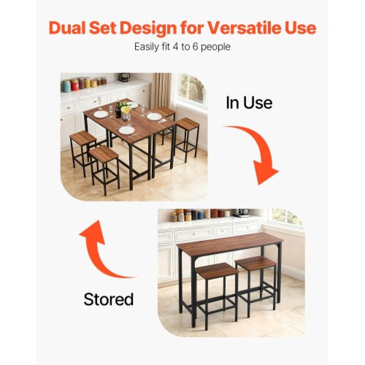 VEVOR Bar Table, 3PCS 1193,8mm Bars Σετ τραπεζιών, Σετ τραπέζια και καρέκλες μπαρ με σχέδιο στρογγυλεμένες άκρες, ορθογώνιο τραπέζι παμπ με δύο σκαμπό για γραφείο, γωνιά πρωινού, μίνι μπαρ, ρουστίκ καφέ