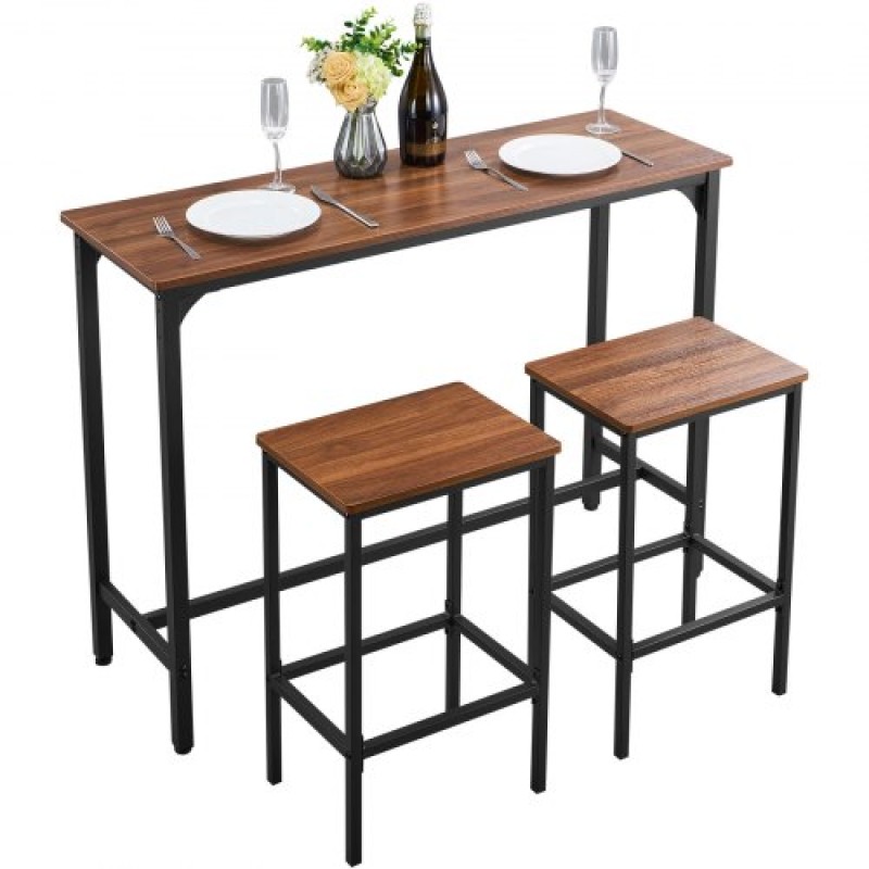VEVOR Bar Table, 3PCS 1193,8mm Bars Σετ τραπεζιών, Σετ τραπέζια και καρέκλες μπαρ με σχέδιο στρογγυλεμένες άκρες, ορθογώνιο τραπέζι παμπ με δύο σκαμπό για γραφείο, γωνιά πρωινού, μίνι μπαρ, ρουστίκ καφέ