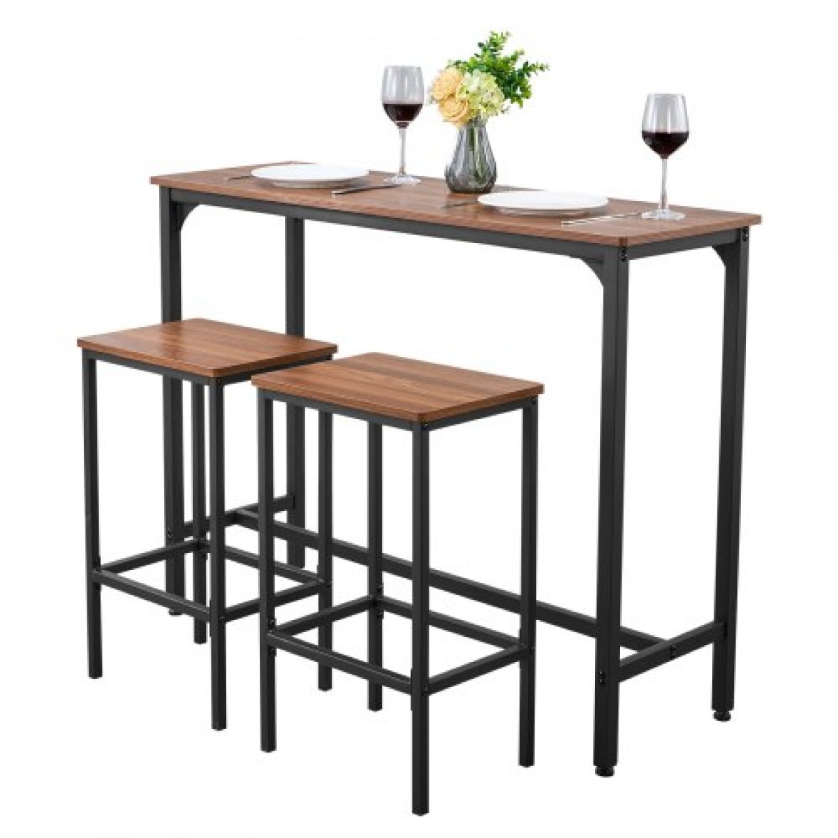 VEVOR Bar Table, 3PCS 1193,8mm Bars Σετ τραπεζιών, Σετ τραπέζια και καρέκλες μπαρ με σχέδιο στρογγυλεμένες άκρες, ορθογώνιο τραπέζι παμπ με δύο σκαμπό για γραφείο, γωνιά πρωινού, μίνι μπαρ, ρουστίκ καφέ