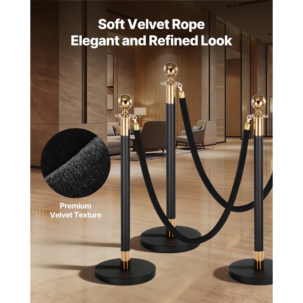 VEVOR 4 τμχ Μαύρα βελούδινα σχοινιά Stanchion, 1,5 m Crowd Control Stanchion Μαύρα βελούδινα σχοινιά με χρυσούς γάντζους, σχοινί χαλιού Post Queue Barrier για εκδηλώσεις χαλί Κινηματογράφοι Μεγάλα εγκαίνια Ξενοδοχεία Πάρτι