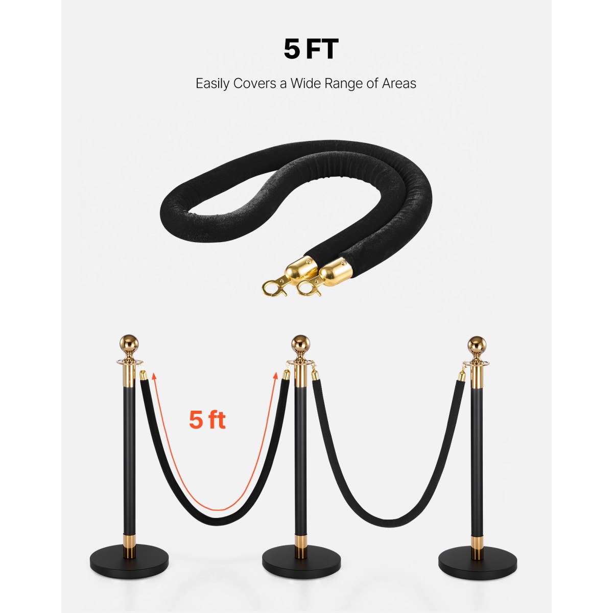 VEVOR 4 τμχ Μαύρα βελούδινα σχοινιά Stanchion, 1,5 m Crowd Control Stanchion Μαύρα βελούδινα σχοινιά με χρυσούς γάντζους, σχοινί χαλιού Post Queue Barrier για εκδηλώσεις χαλί Κινηματογράφοι Μεγάλα εγκαίνια Ξενοδοχεία Πάρτι