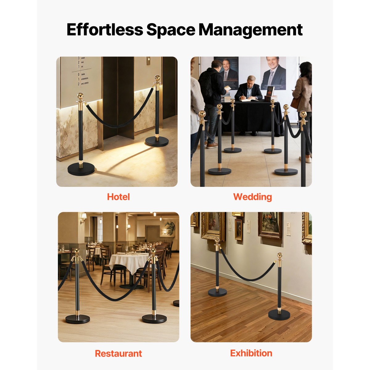 VEVOR 4 τμχ Μαύρα βελούδινα σχοινιά Stanchion, 1,5 m Crowd Control Stanchion Μαύρα βελούδινα σχοινιά με χρυσούς γάντζους, σχοινί χαλιού Post Queue Barrier για εκδηλώσεις χαλί Κινηματογράφοι Μεγάλα εγκαίνια Ξενοδοχεία Πάρτι