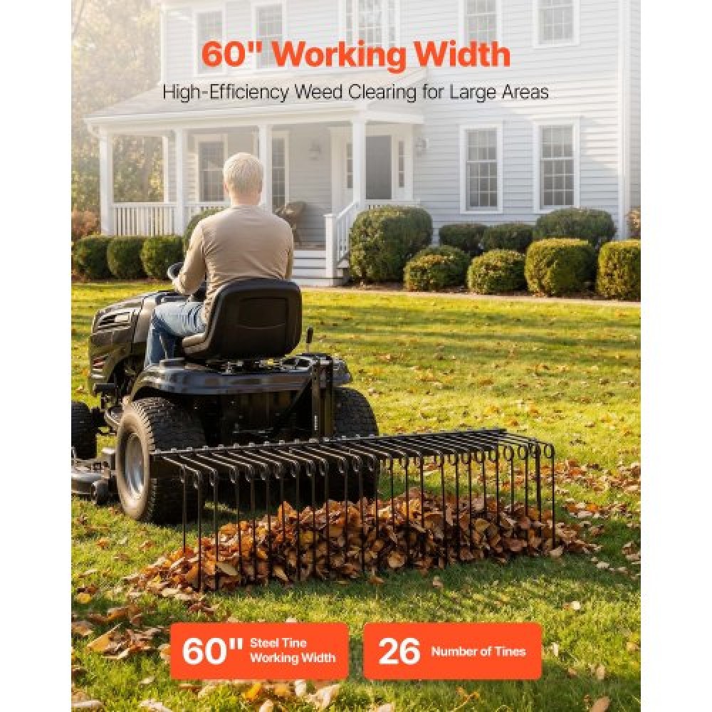 VEVOR 150 cm Ρυμούλκηση πίσω από τσουγκράνα Landscape, 3 Point Hitch Lawn Dethatcher Rake, 26 Spring Steel Tines, για τρακτέρ Κατηγορίας 1, Τσουγκράνες βαρέως τύπου & ανθεκτικές στη σκουριά Εξαρτήματα τρακτέρ για φύλλα πευκοβελόνες