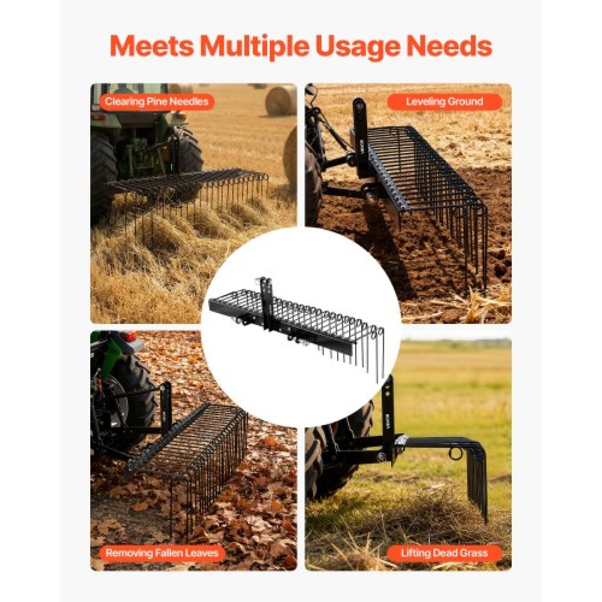 VEVOR 150 cm Ρυμούλκηση πίσω από τσουγκράνα Landscape, 3 Point Hitch Lawn Dethatcher Rake, 26 Spring Steel Tines, για τρακτέρ Κατηγορίας 1, Τσουγκράνες βαρέως τύπου & ανθεκτικές στη σκουριά Εξαρτήματα τρακτέρ για φύλλα πευκοβελόνες