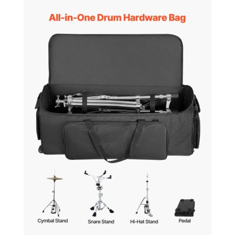 Τσάντα VEVOR Drum Hardware με ρόδες, 1680D, Τσάντα μεταφοράς εξοπλισμού σετ τυμπάνων, θήκη μεταφοράς με στιβαρή λαβή, ανθεκτικό φερμουάρ, λείες ρόδες PVC, πολλαπλές τσέπες, για υλικό και αξεσουάρ βάσης, Μαύρο