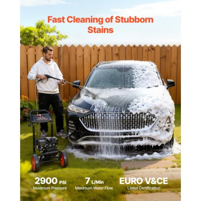 Πλυντήριο αερίου VEVOR 2900 PSI και Max 7 L/min, αντλία αναβάθμισης αλουμινίου με πιστόλι ψεκασμού και ράβδο, σετ 4 ακροφυσίων, ηλεκτρικό πλυντήριο χαμηλού προφίλ για αυτοκίνητα, φράχτες, δρόμους, σπίτια, βεράντες, έπιπλα