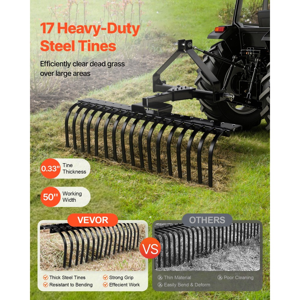 VEVOR 127 cm Lanscape Rock Rake, 3-Point Tow Behind Landscape Rake με 17 Steel Tines, Fit Category 1 Tractors, Rightable angle, Heavy Duty Lan Dethatcher Rake for Grass Branch Debris