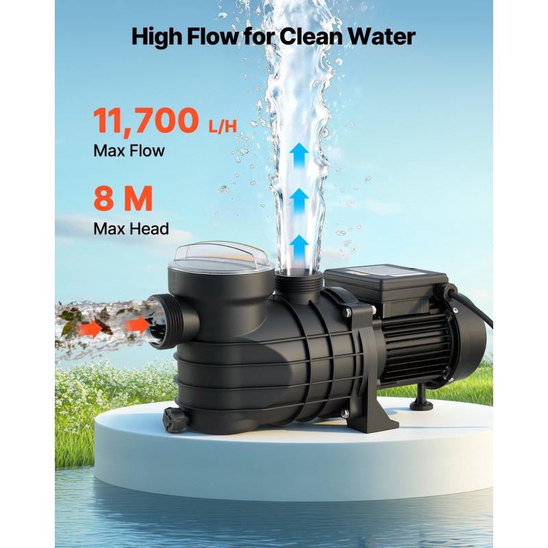Αντλία πισίνας VEVOR Above Ground, 250W, 11.700 L/H Max Flow Αντλία πισίνας μονής ταχύτητας, AC 220-240V, 2850 RPM, 8 m Max Head Lift, με καλάθι φίλτρου & καπάκι, για πισίνες πάνω από το έδαφος και υδρομασάζ,