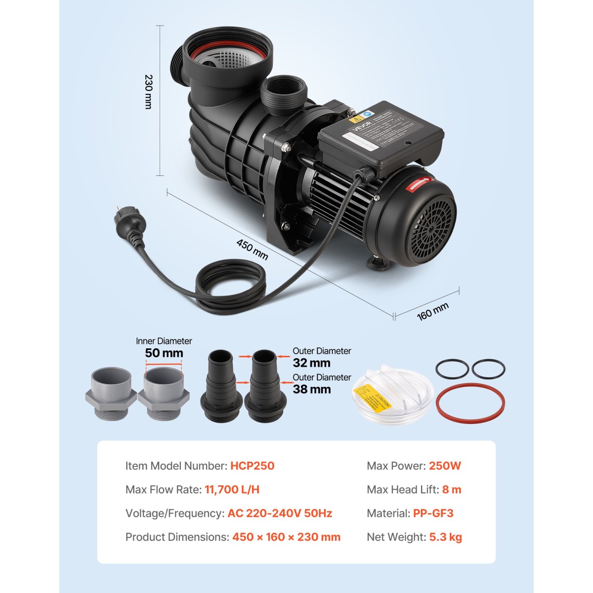 Αντλία πισίνας VEVOR Above Ground, 250W, 11.700 L/H Max Flow Αντλία πισίνας μονής ταχύτητας, AC 220-240V, 2850 RPM, 8 m Max Head Lift, με καλάθι φίλτρου & καπάκι, για πισίνες πάνω από το έδαφος και υδρομασάζ,