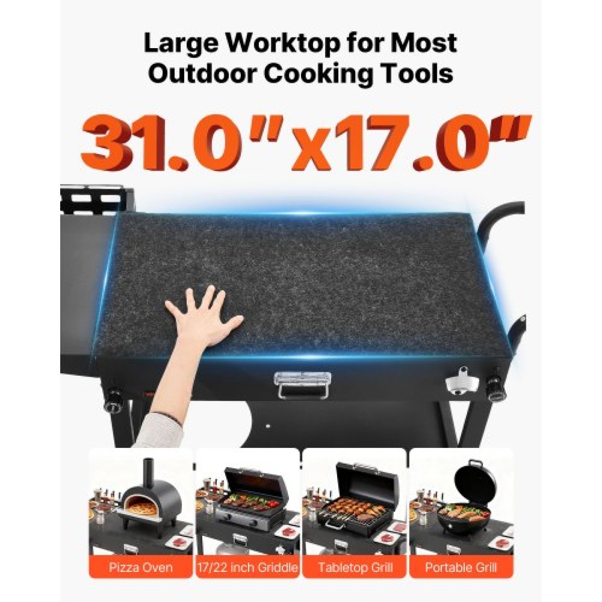 VEVOR Outdoor Grill Cart, 787 x 432mm Επιτραπέζιο τραπέζι ψησίματος, Πτυσσόμενο τραπέζι μαγειρέματος εξωτερικού χώρου με χαρτομάντηλο, γάντζοι, ρόδες, πλαϊνό τραπέζι, τραπέζια προετοιμασίας μπάρμπεκιου για πικνίκ, κουζίνα, αυλή