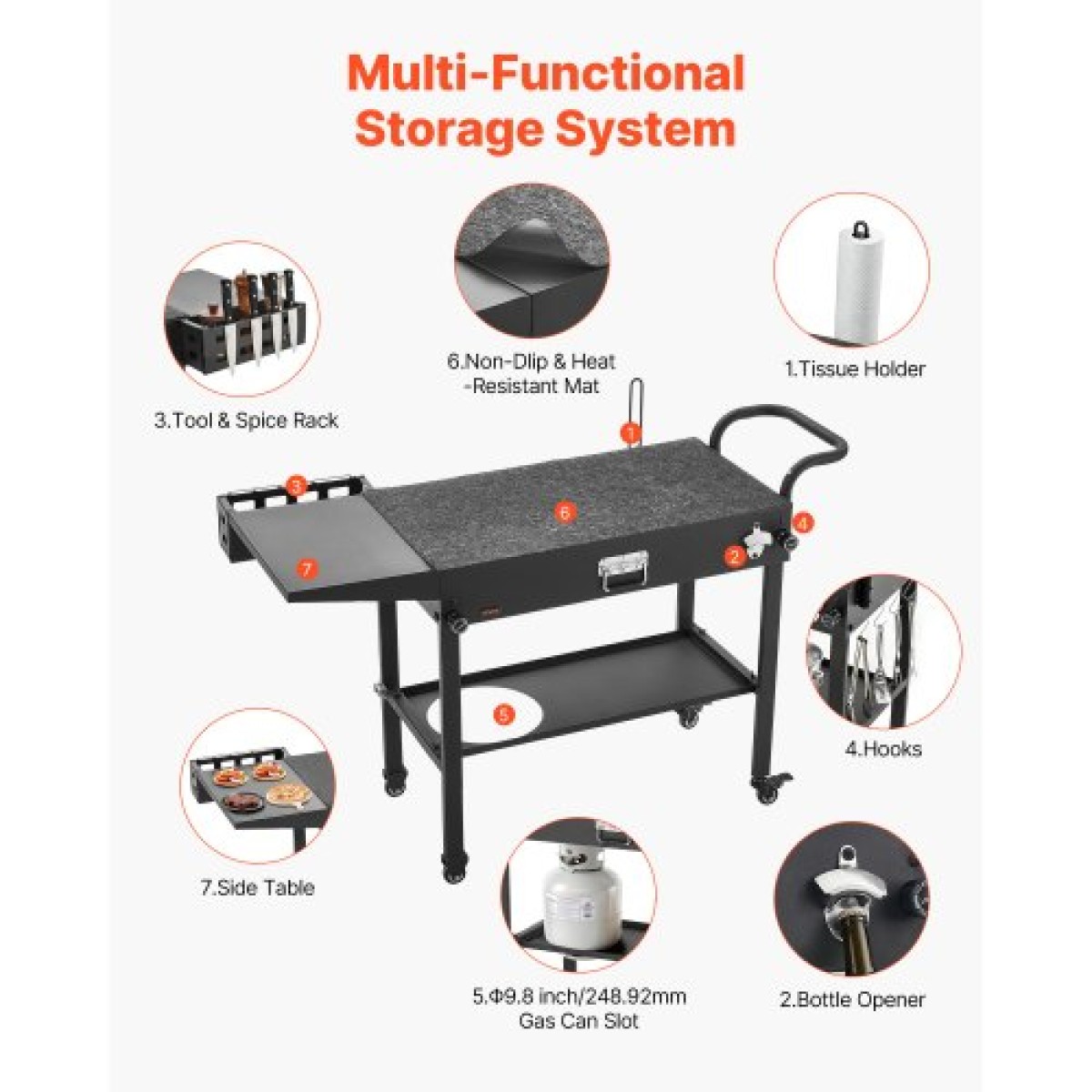 VEVOR Outdoor Grill Cart, 787 x 432mm Επιτραπέζιο τραπέζι ψησίματος, Πτυσσόμενο τραπέζι μαγειρέματος εξωτερικού χώρου με χαρτομάντηλο, γάντζοι, ρόδες, πλαϊνό τραπέζι, τραπέζια προετοιμασίας μπάρμπεκιου για πικνίκ, κουζίνα, αυλή