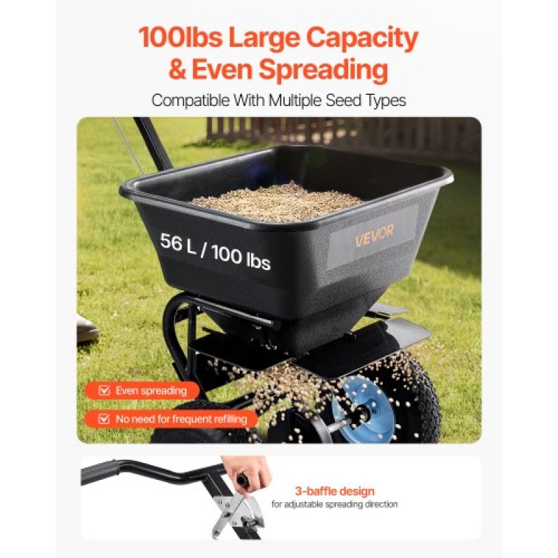 VEVOR Lawn Spreader, χωρητικότητας 100LBS, Walk-Behind Push Spreader, 0-9,8ft Spreading Width, 13 in All Terrain Pneumatic ελαστικά, Λιπασματοποιητές με σχάρα χοάνης, για λιώσιμο πάγου με αλάτι