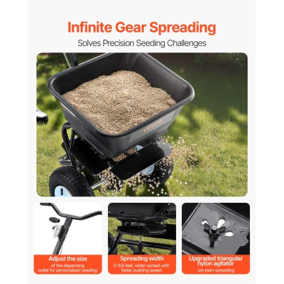 VEVOR Lawn Spreader, χωρητικότητας 100LBS, Walk-Behind Push Spreader, 0-9,8ft Spreading Width, 13 in All Terrain Pneumatic ελαστικά, Λιπασματοποιητές με σχάρα χοάνης, για λιώσιμο πάγου με αλάτι