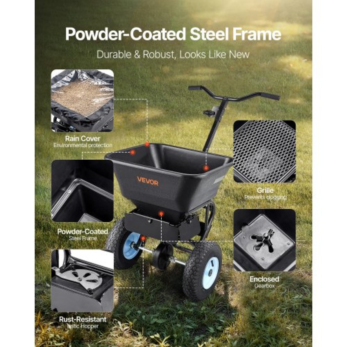 VEVOR Lawn Spreader, χωρητικότητας 100LBS, Walk-Behind Push Spreader, 0-9,8ft Spreading Width, 13 in All Terrain Pneumatic ελαστικά, Λιπασματοποιητές με σχάρα χοάνης, για λιώσιμο πάγου με αλάτι