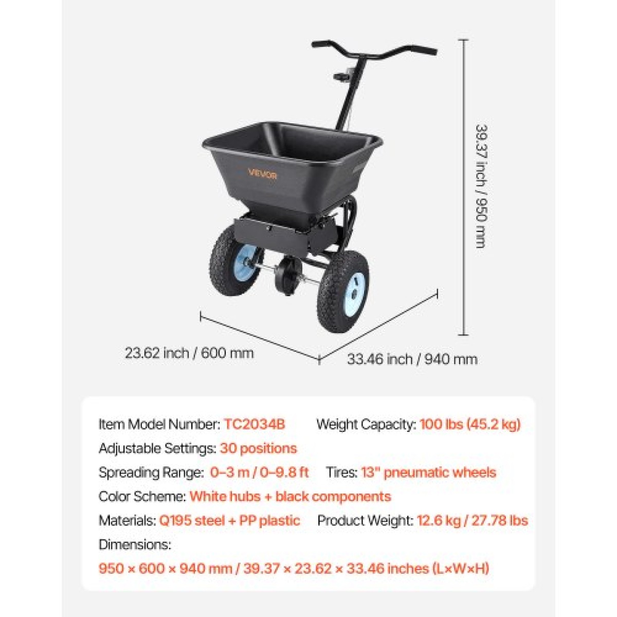 VEVOR Lawn Spreader, χωρητικότητας 100LBS, Walk-Behind Push Spreader, 0-9,8ft Spreading Width, 13 in All Terrain Pneumatic ελαστικά, Λιπασματοποιητές με σχάρα χοάνης, για λιώσιμο πάγου με αλάτι
