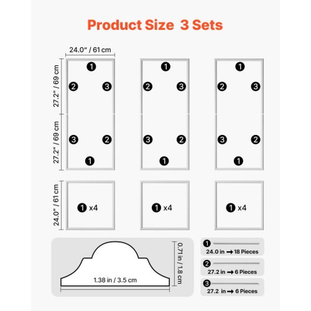 VEVOR Molding Wall Pack 3, Σετ πάνελ με σκοτάδι, Ελαφρύ βαμμένο πολυστυρένιο, Εύκολη εγκατάσταση, αδιάβροχη επένδυση με ευρύ προφίλ για εσωτερικό σαλόνι, υπνοδωμάτιο, λευκό (61x137 + 61x61 cm)