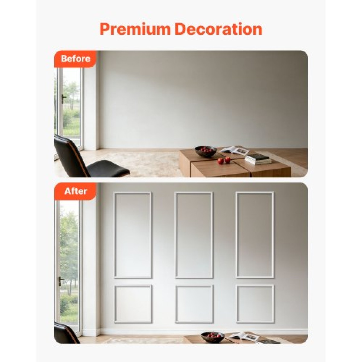 VEVOR Molding Wall Pack 3, Σετ πάνελ με σκοτάδι, Ελαφρύ βαμμένο πολυστυρένιο, Εύκολη εγκατάσταση, αδιάβροχη επένδυση με ευρύ προφίλ για εσωτερικό σαλόνι, υπνοδωμάτιο, λευκό (61x137 + 61x61 cm)