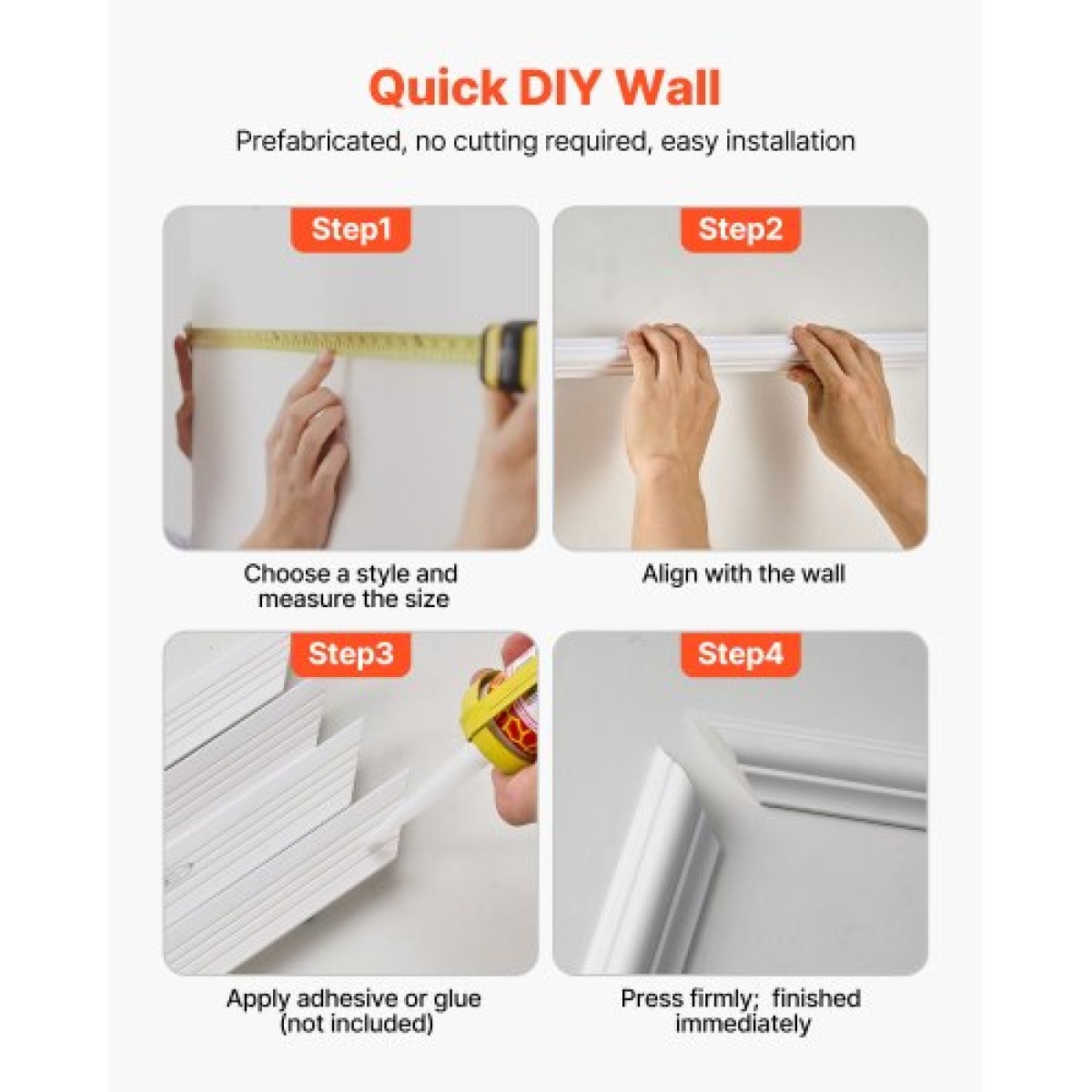 VEVOR Molding Wall Pack 3, Σετ πάνελ με σκοτάδι, Ελαφρύ βαμμένο πολυστυρένιο, Εύκολη εγκατάσταση, αδιάβροχη επένδυση με ευρύ προφίλ για εσωτερικό σαλόνι, υπνοδωμάτιο, λευκό (61x137 + 61x61 cm)
