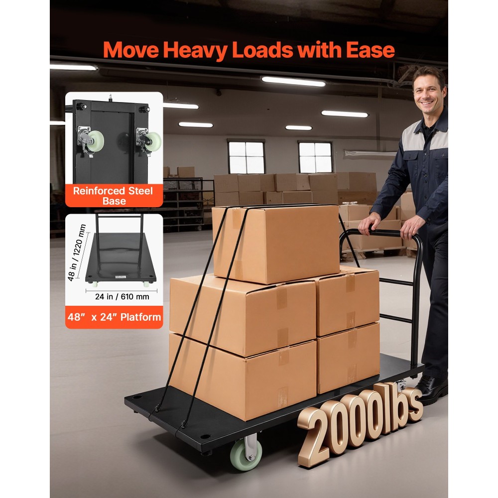VEVOR Heavy Duty Platform Truck, χωρητικότητας 907,18 kg, Βιομηχανικό ατσάλινο καρότσι με επίπεδη επιφάνεια με περιστρεφόμενους τροχούς και λαβή, πλατφόρμα Hand Push Truck Dolly, Εύκολη αποθήκευση, για μετακίνηση αποσκευών, 1220 x 610 x 815 mm