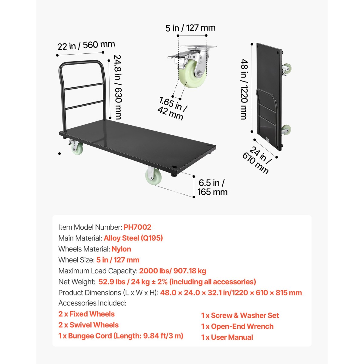 VEVOR Heavy Duty Platform Truck, χωρητικότητας 907,18 kg, Βιομηχανικό ατσάλινο καρότσι με επίπεδη επιφάνεια με περιστρεφόμενους τροχούς και λαβή, πλατφόρμα Hand Push Truck Dolly, Εύκολη αποθήκευση, για μετακίνηση αποσκευών, 1220 x 610 x 815 mm